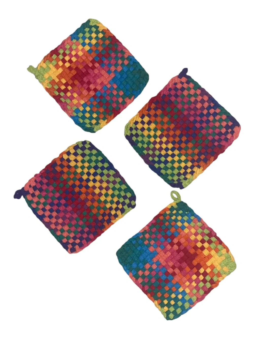 POTHOLDERS (4) Handmade Cotton Loom Woven with Vibrant Rainbow Colors 6”x 6”
